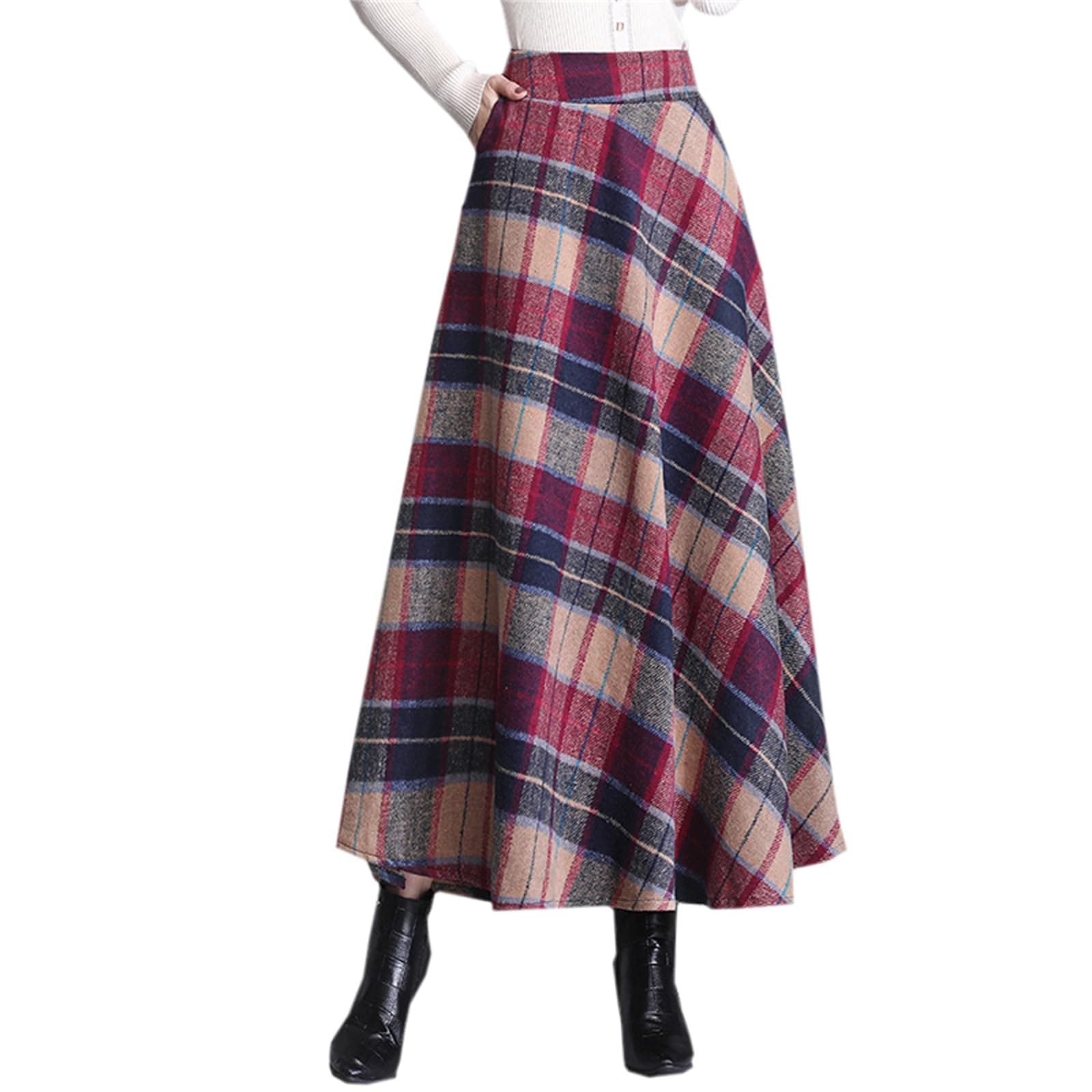 SANGTREE Women's High-Waist Flared Tartan Wool Skirt