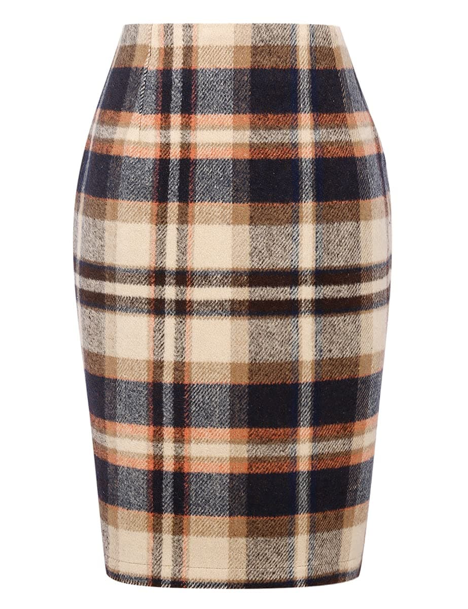 IDEALSANXUN High-Waisted Brown Plaid Wool Midi Skirt for Women XXL