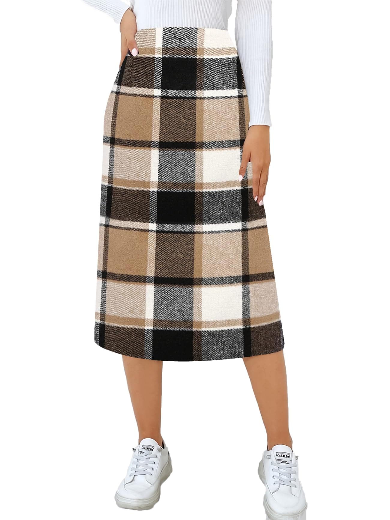 CYCLAMEN Women's High Waisted Wool A Line Midi Plaid Skirt