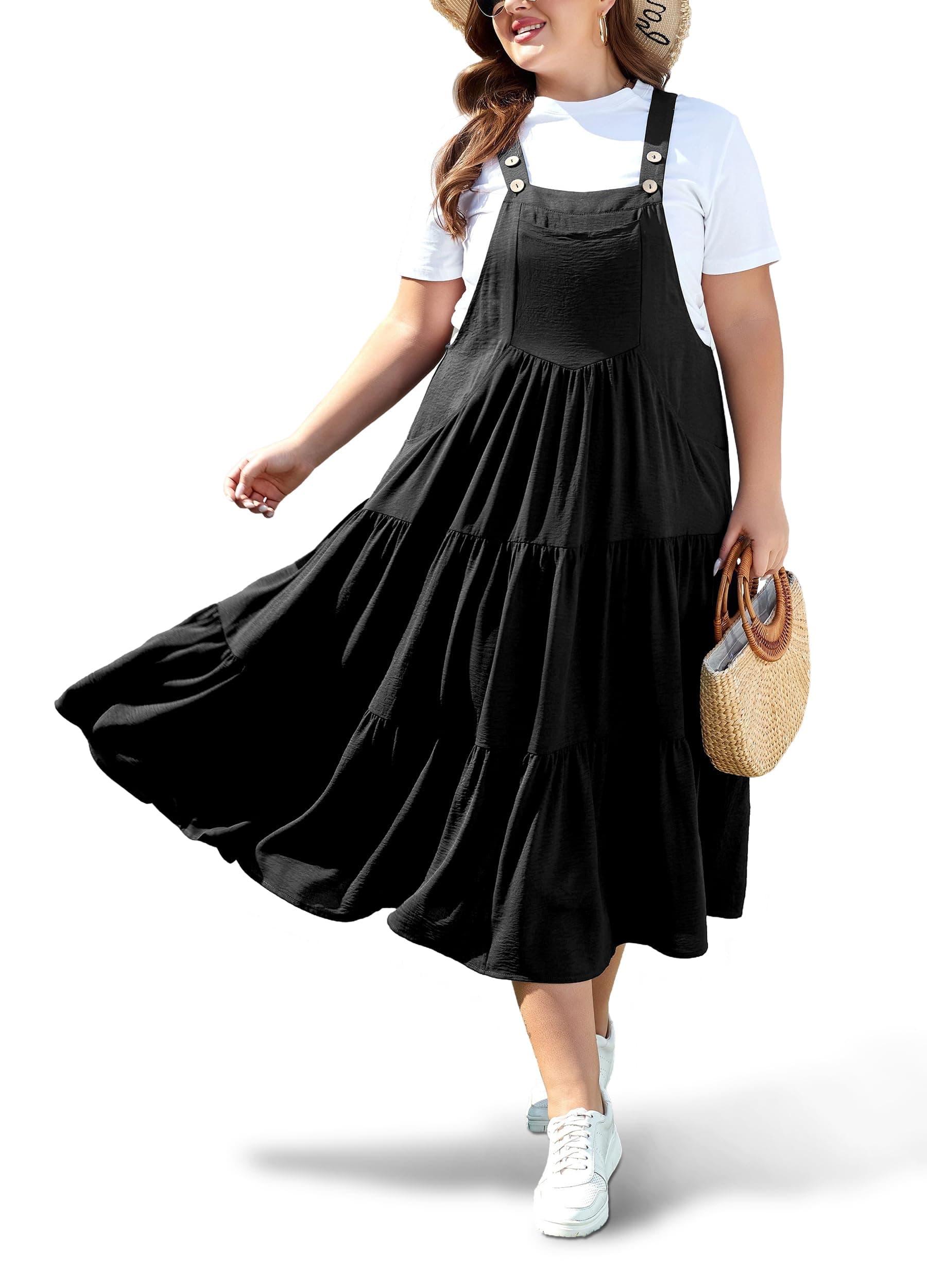 Moon Wood Plus Size Bib Overall Dress with Pockets Summer Casual