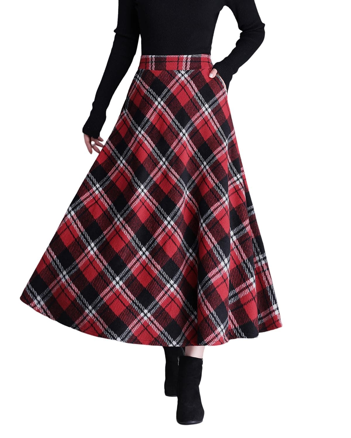 Womens Long Wool Plaid High Waist Flared Skirt Winter Warm