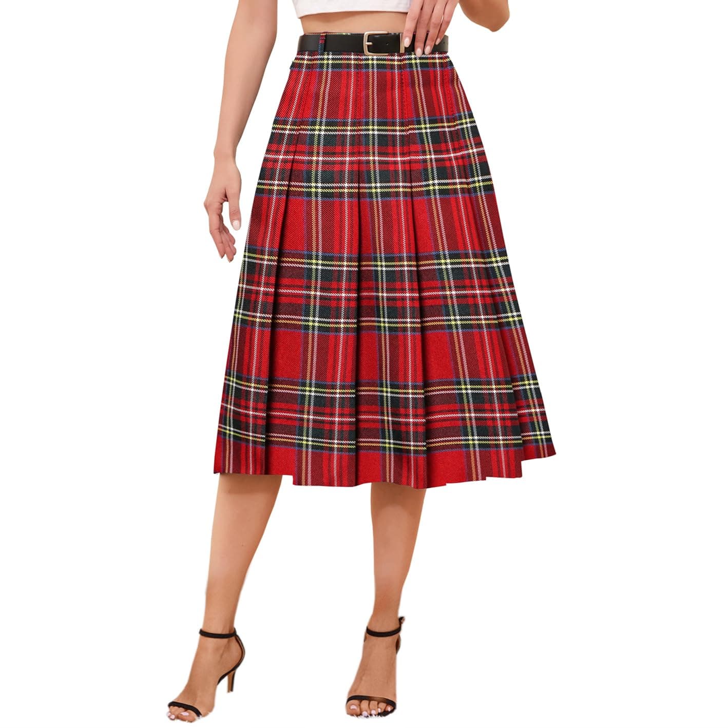 Cromoncent Womens High Waist Pleated Long Skirt with Pockets