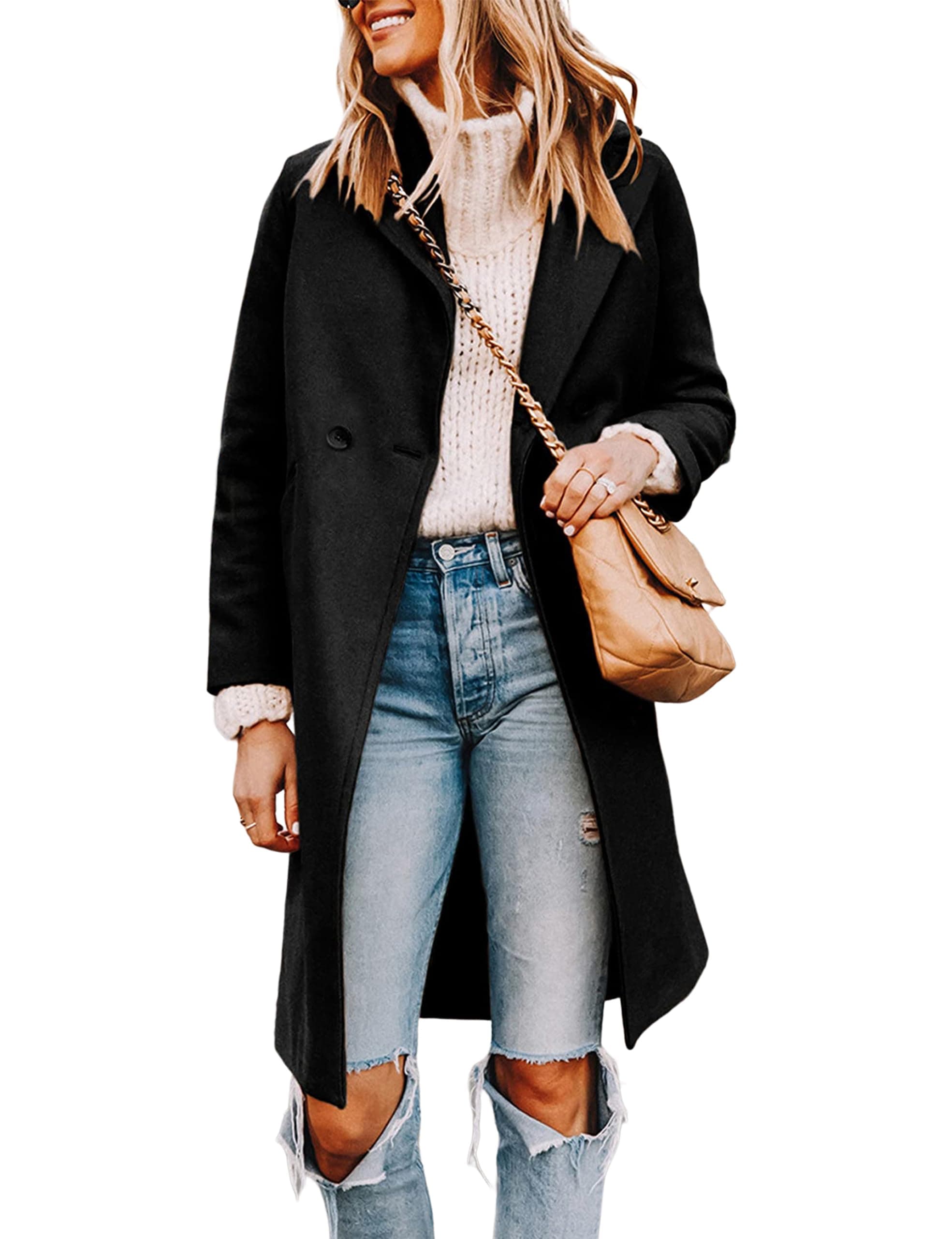 Tanming Women's Mid-Length Wool Blend Notch Lapel Trench Coat