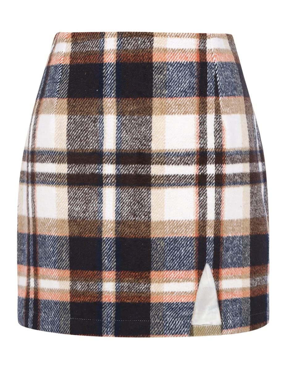 IDEALSANXUN Women's High-Waisted Plaid Mini Skirt with Slit for Fall/Winter