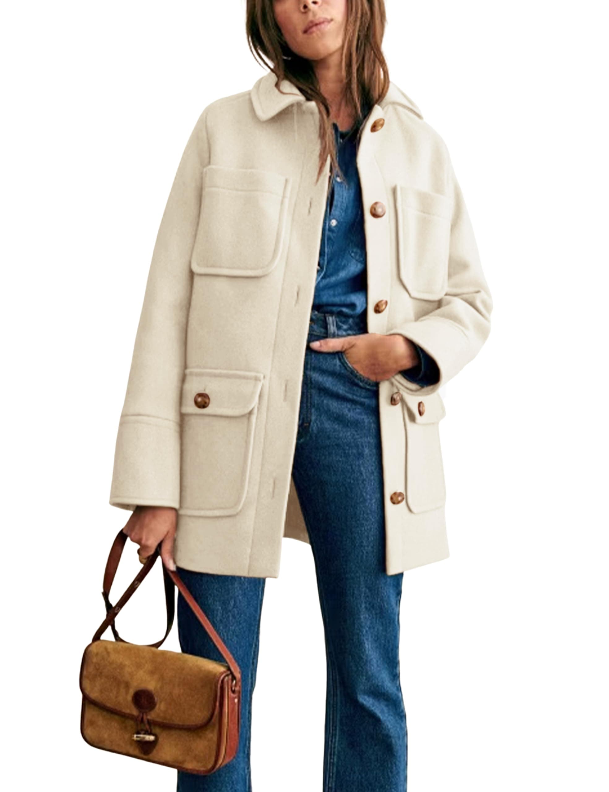 Omoone Women's Elegant Beige Wool Coat with Pockets