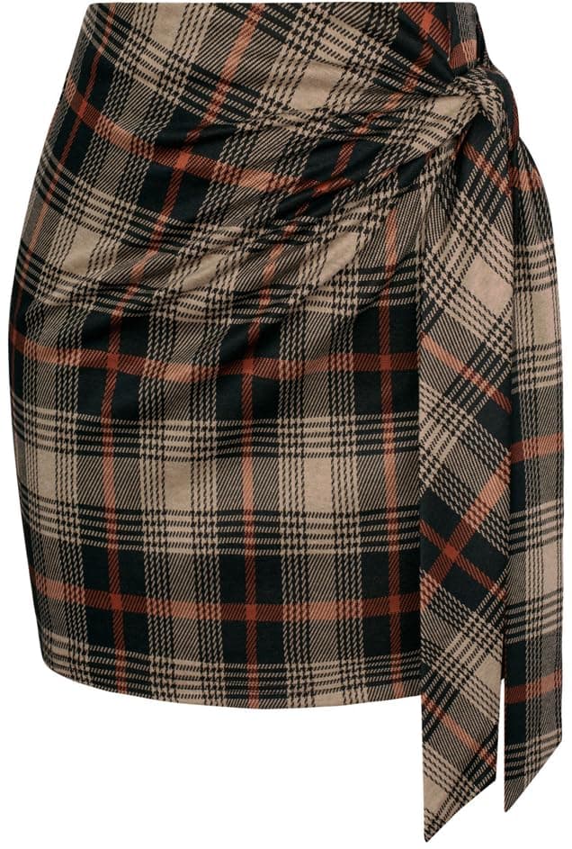 Kate Kasin High Waist Elastic Plaid Mini Skirt with Bow Tie Stretch — Khaki Plaid