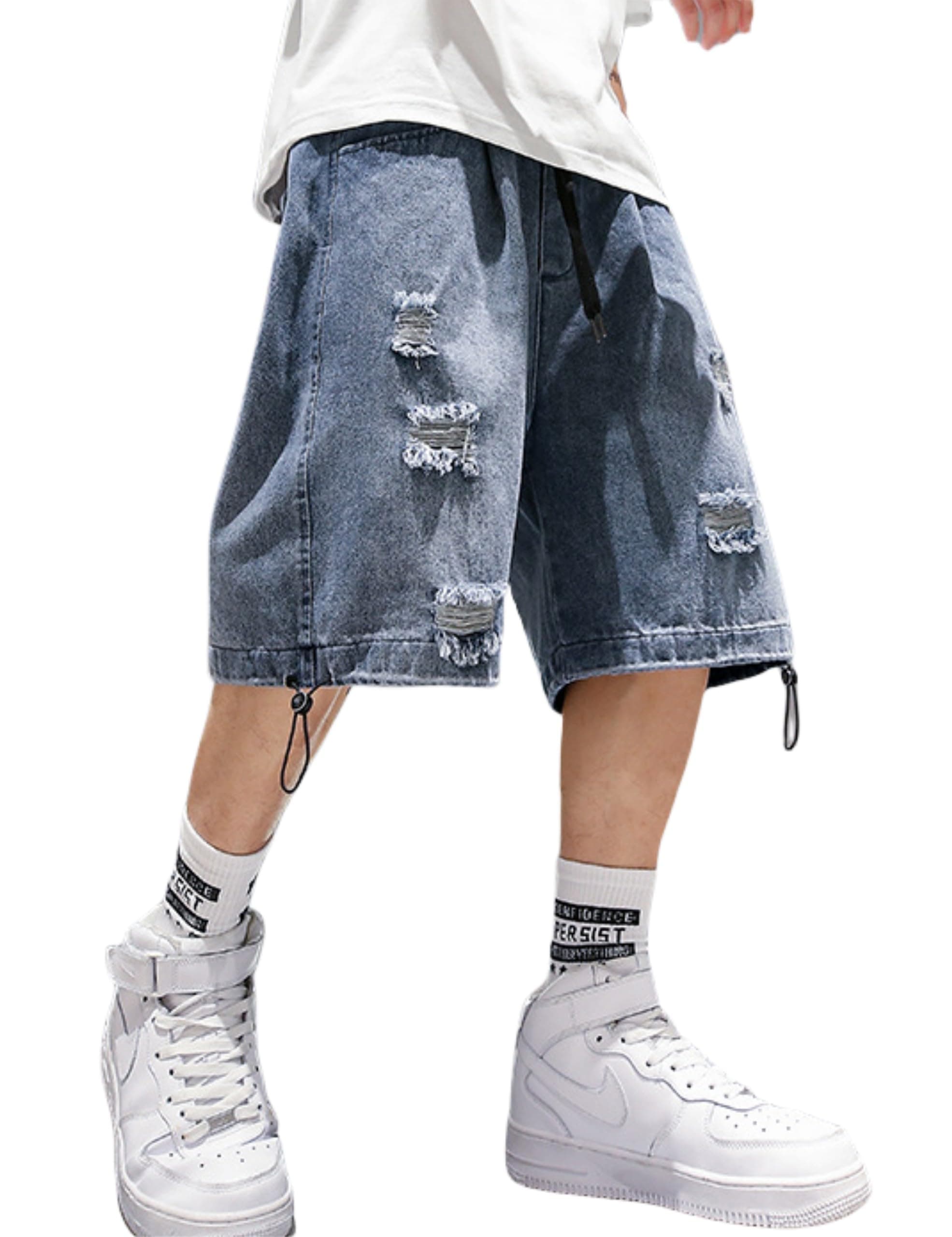 FCOOLYEET Mens Y2K Ripped Baggy Shorts Aesthetic Jeans