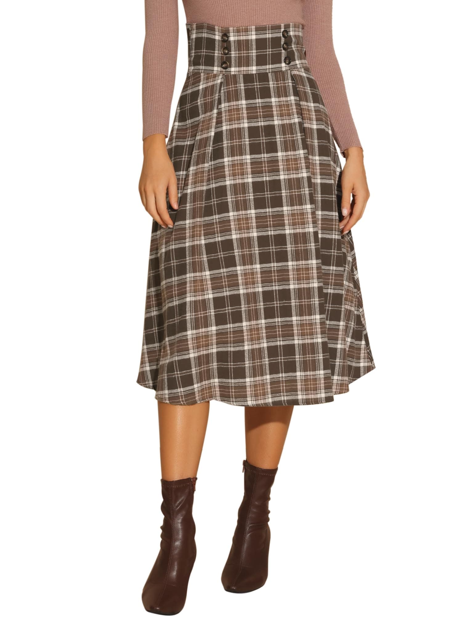 Allegra K Women's High Elastic Waist Tartan Midi Skirt