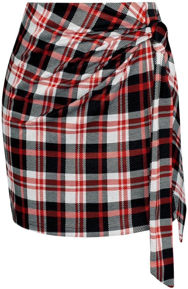 Kate Kasin High Waist Elastic Plaid Mini Skirt with Bow Tie Stretch — Red Plaid
