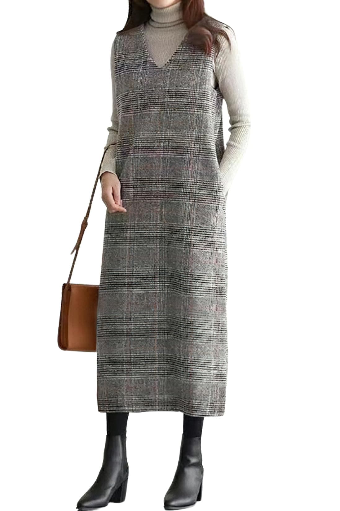 Chouuya Women's Plaid Wool Midi Business Dress