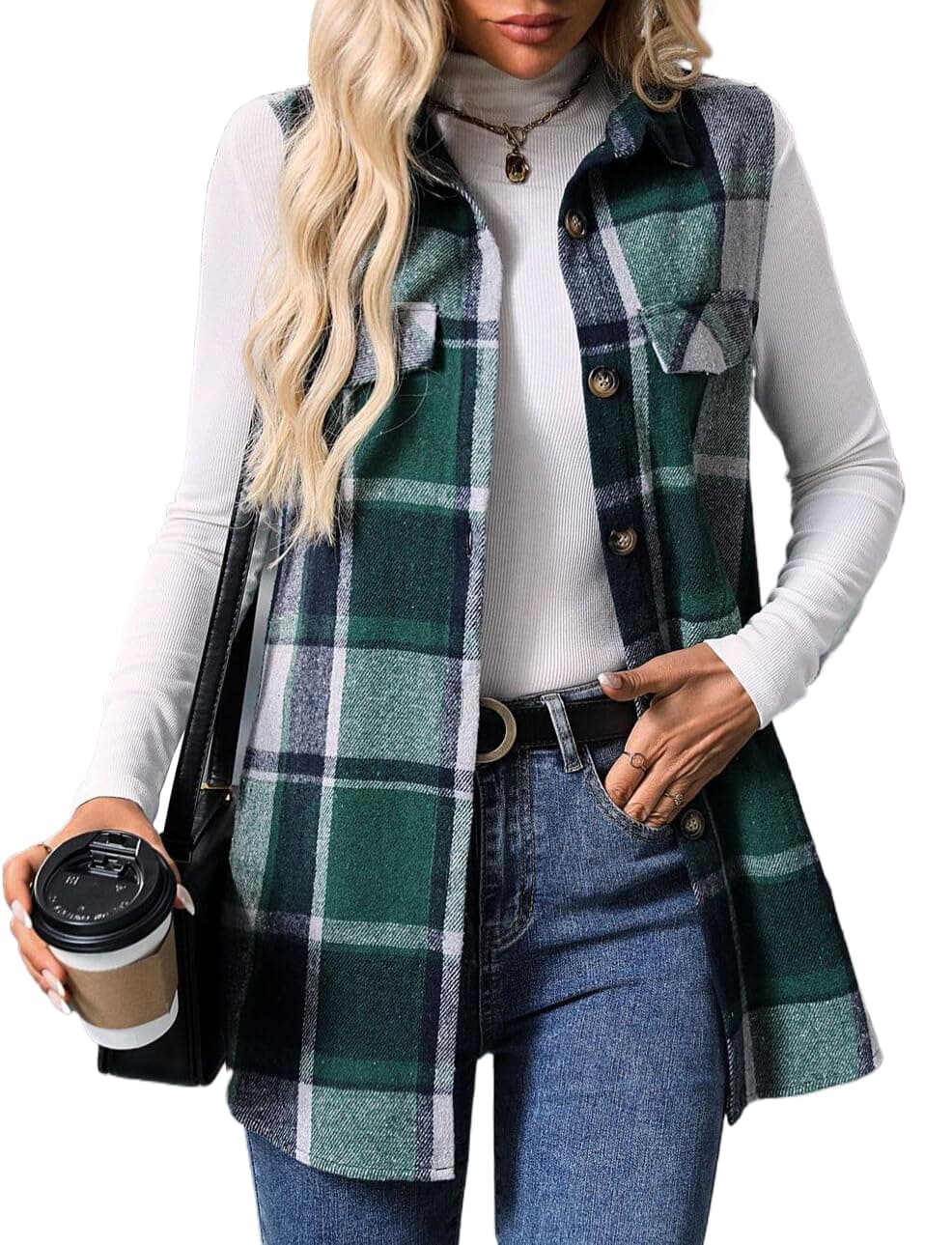 IDEALSANXUN Women's Plaid Flannel Sleeveless Jacket Cardigan Outerwear for Fall Winter