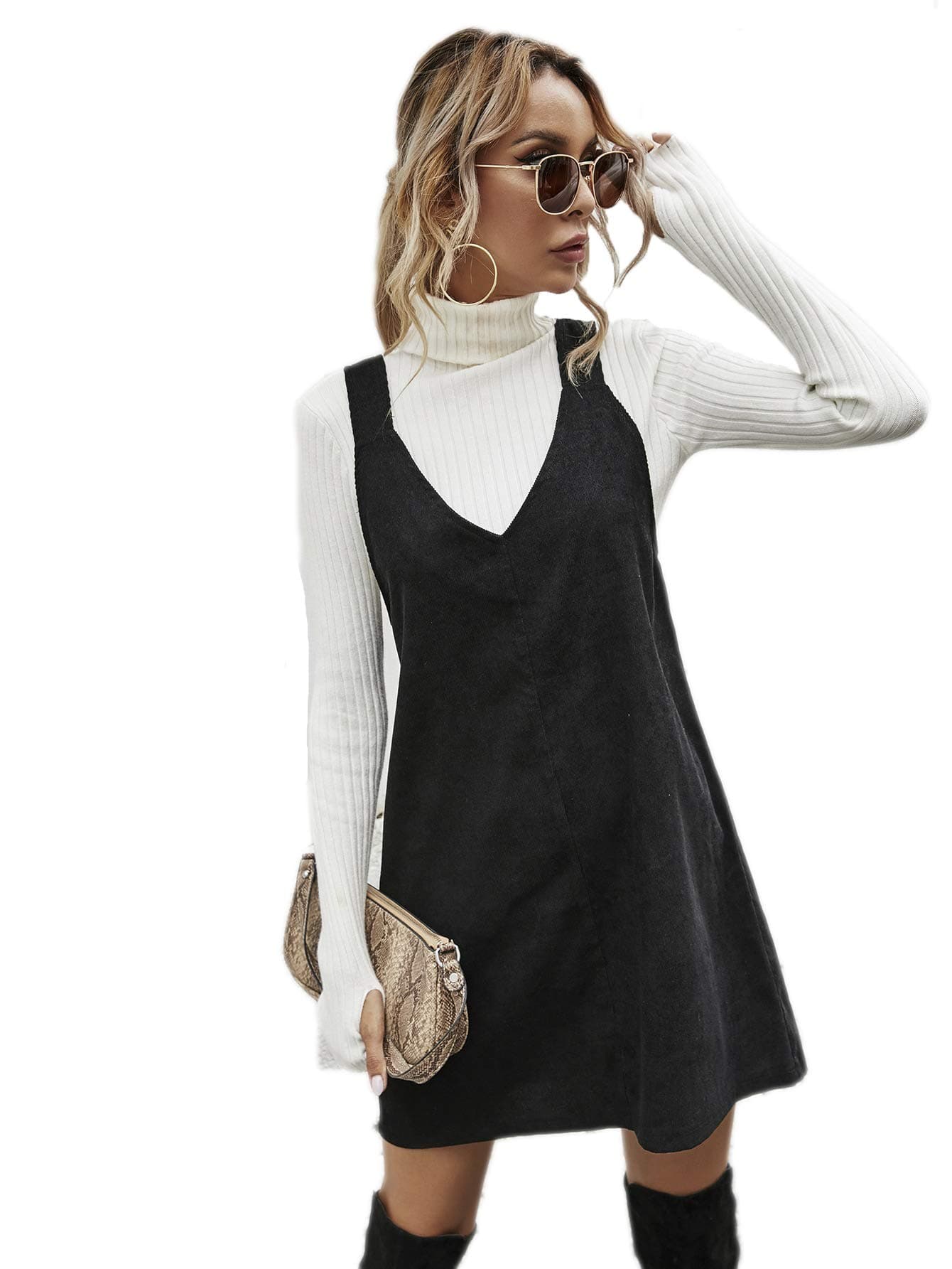 Floerns Women's Casual V-Neck A-Line Corduroy Pinafore Dress