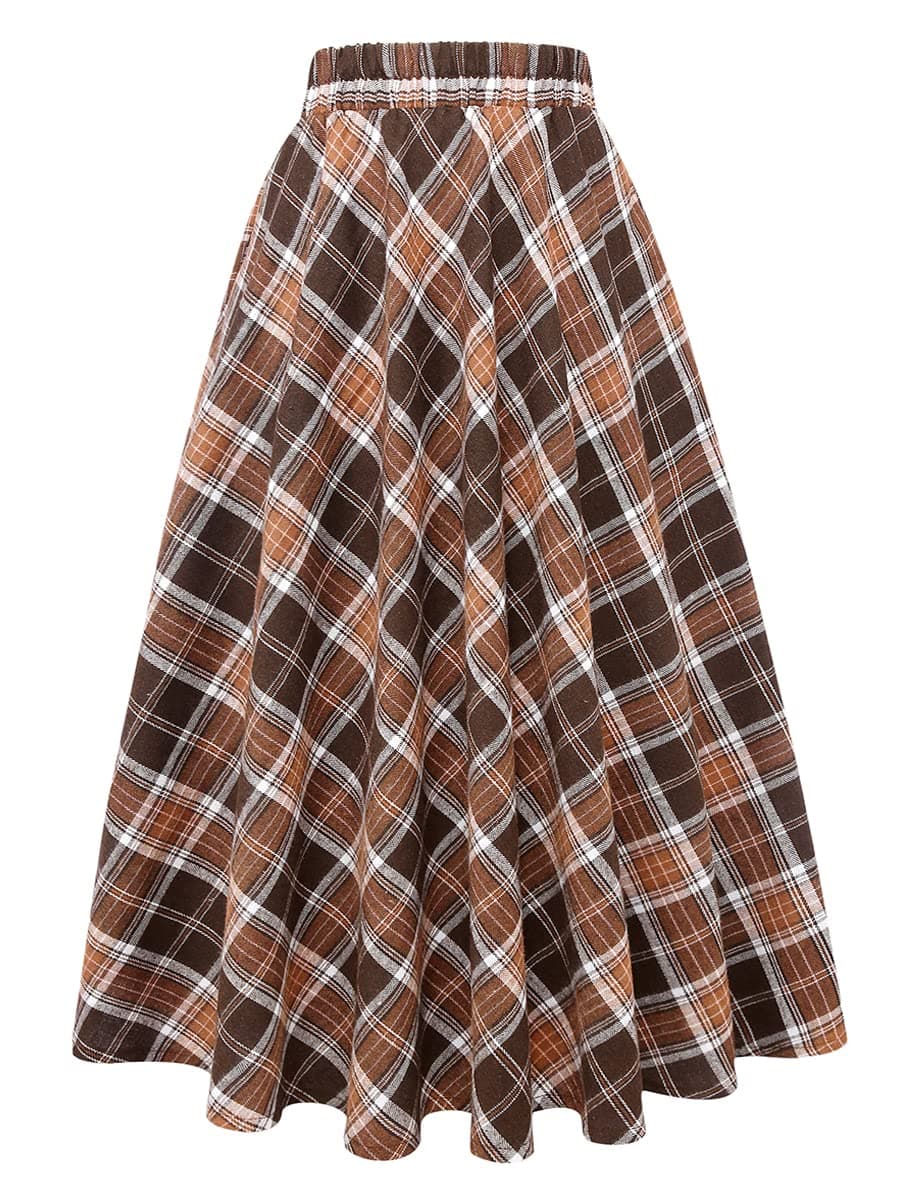 Women's Plaid A-line Pleated Skirt with Elastic Waist