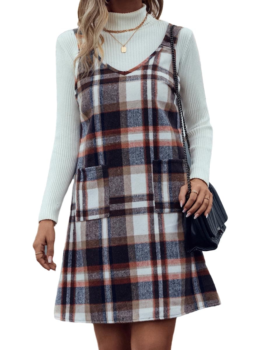 Sleeveless Plaid Overall Dress with Pockets for Women in Fall/Winter