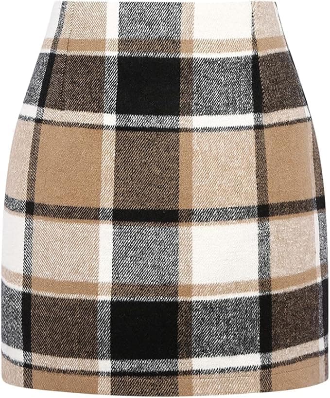 Women's High-Wasted Plaid Wool Bodycon Skirt — Khaki