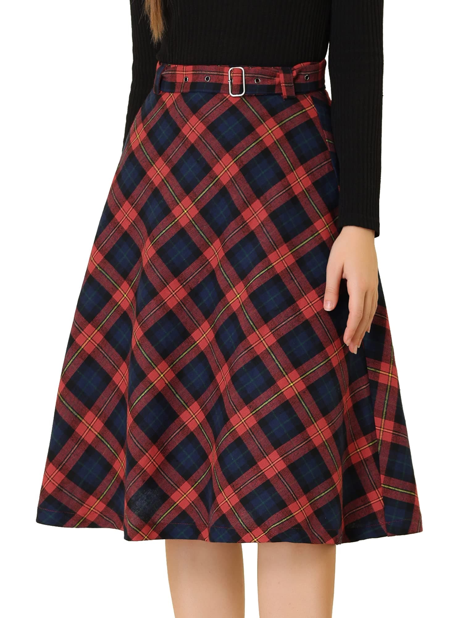 Allegra K Women's High Waist Belted Tartan Midi Skirt