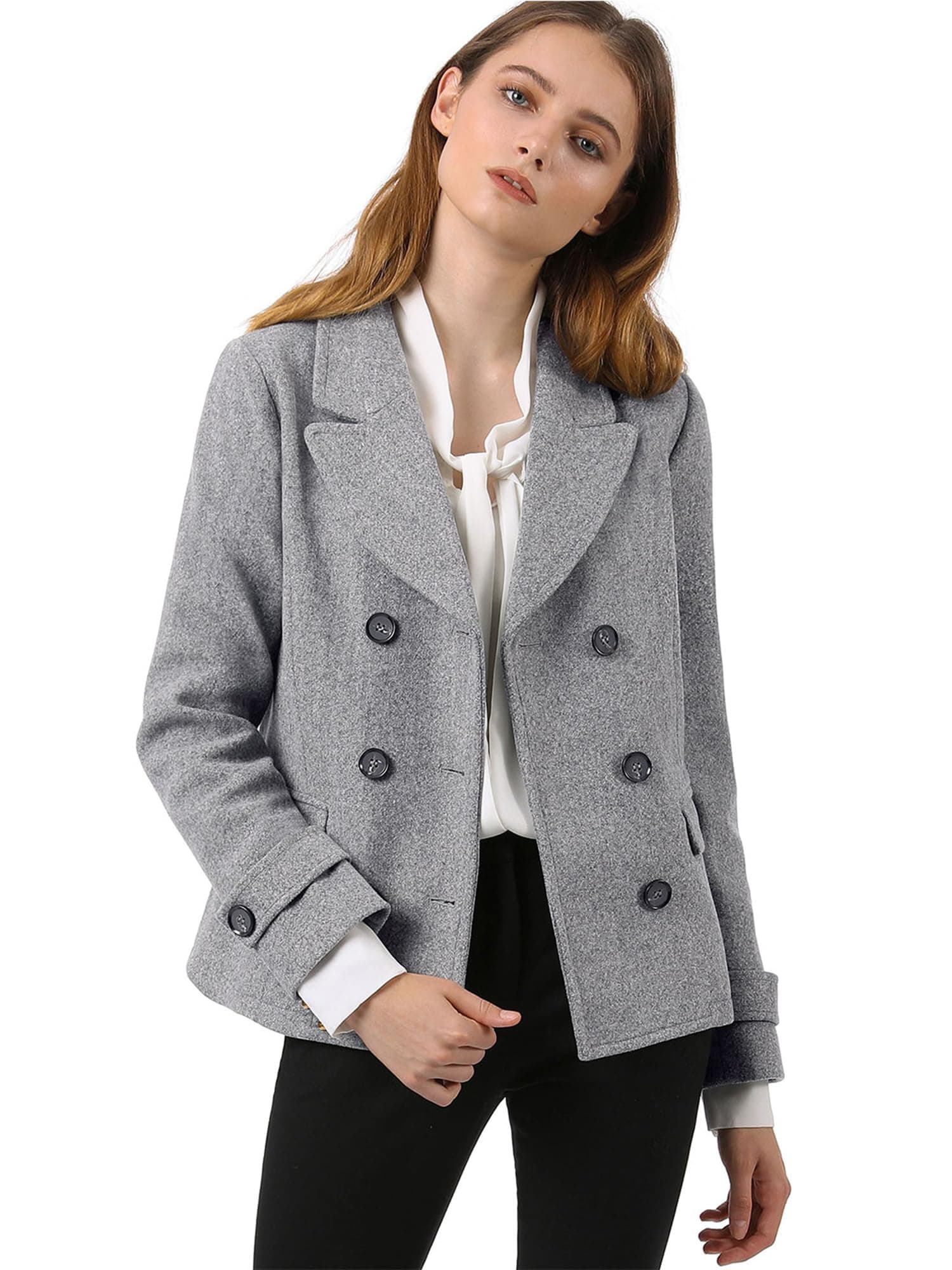 Allegra K Women's Notched Lapel Double Breasted Pea Coat