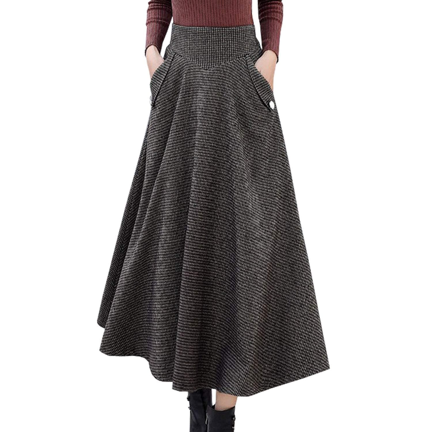 High Waist Plaid Wool Maxi Skirt for Women - A-Line Flared Style