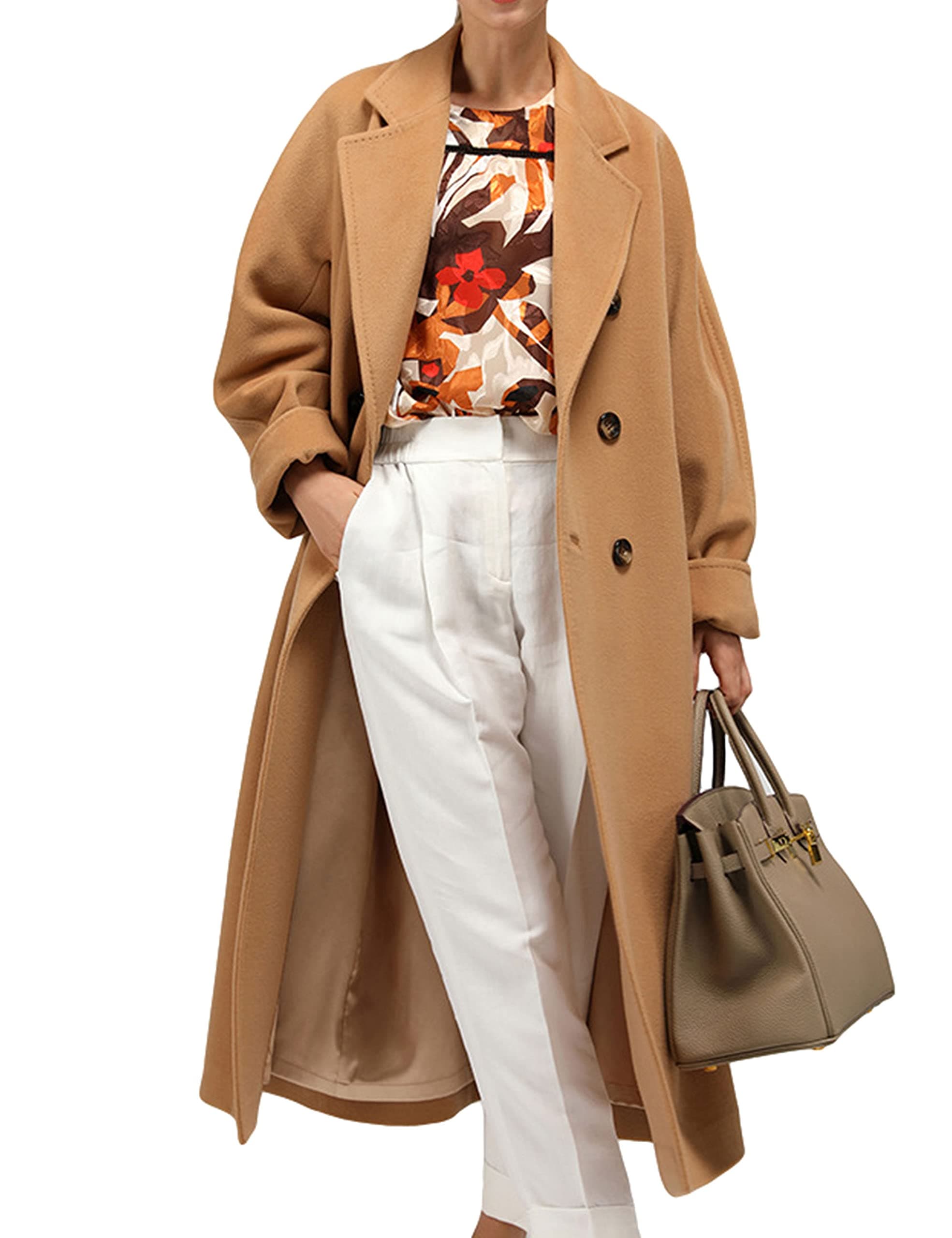 Himosyber Women's Wool Blend Camel Pea Coat with Notched Collar