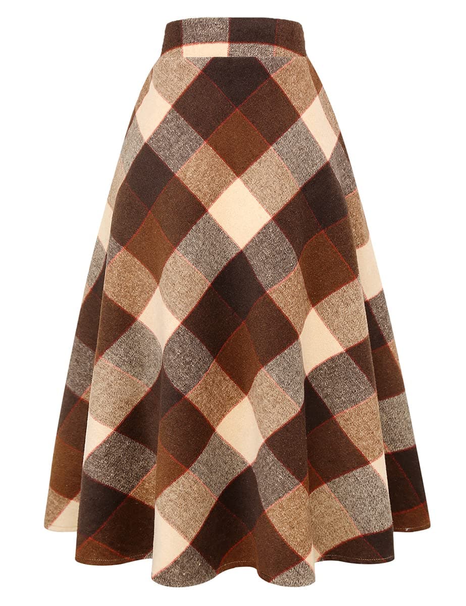 IDEALSANXUN Women's A-Line Plaid Wool Skirts with Elastic Waist