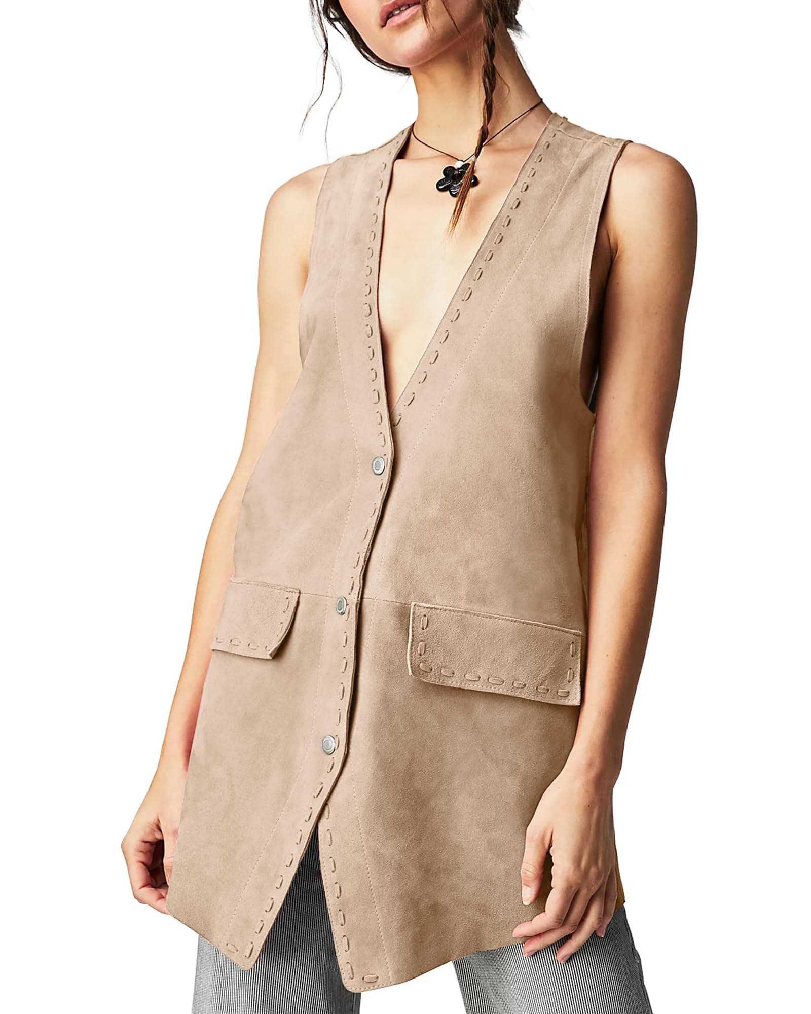 Locachy Women's Steampunk Suede Vest with Pockets Casual Button Down