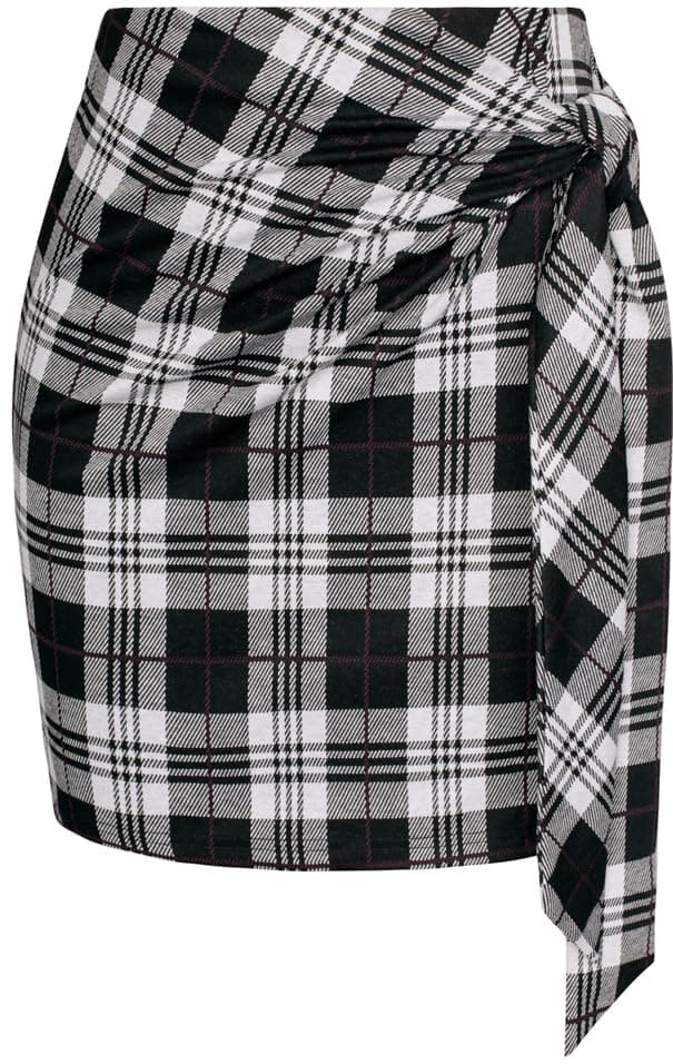 Kate Kasin High Waist Elastic Plaid Mini Skirt with Bow Tie Stretch — White Plaid