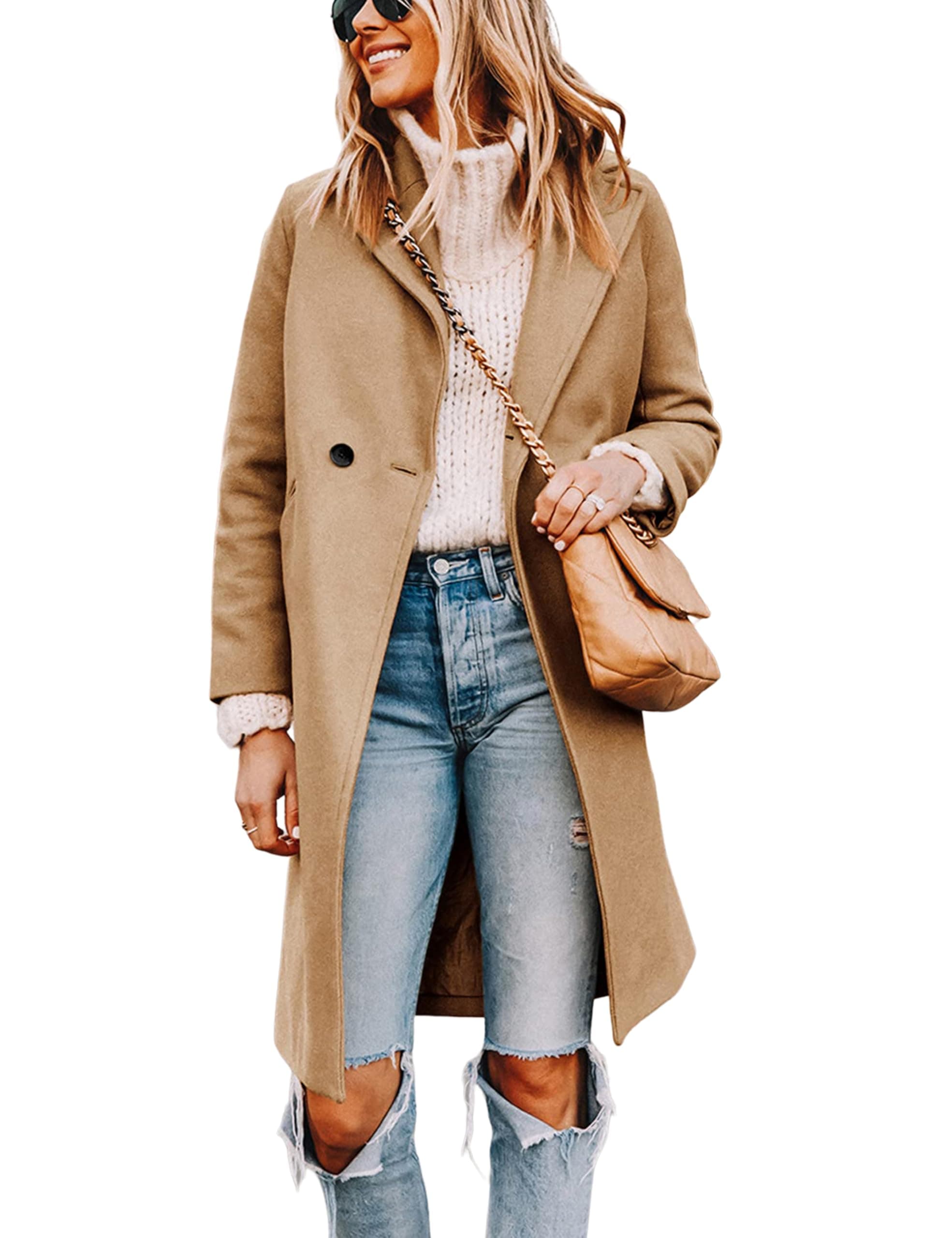 Tanming Women's Notch Lapel Double Breasted Wool Blend Pea Coat
