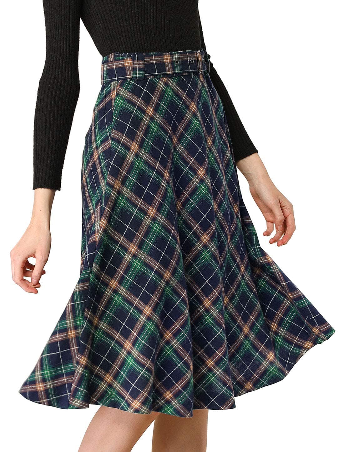 Allegra K Women's Vintage Tartan Midi Skirt with High Waist Belt