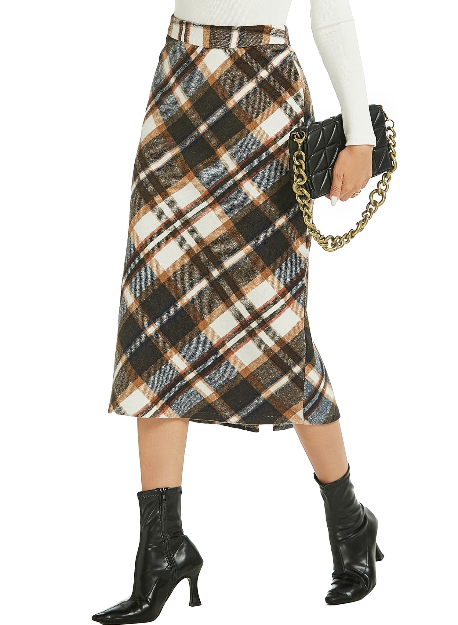 RANPHEE Womens Vintage Flannel Plaid Midi Skirt
