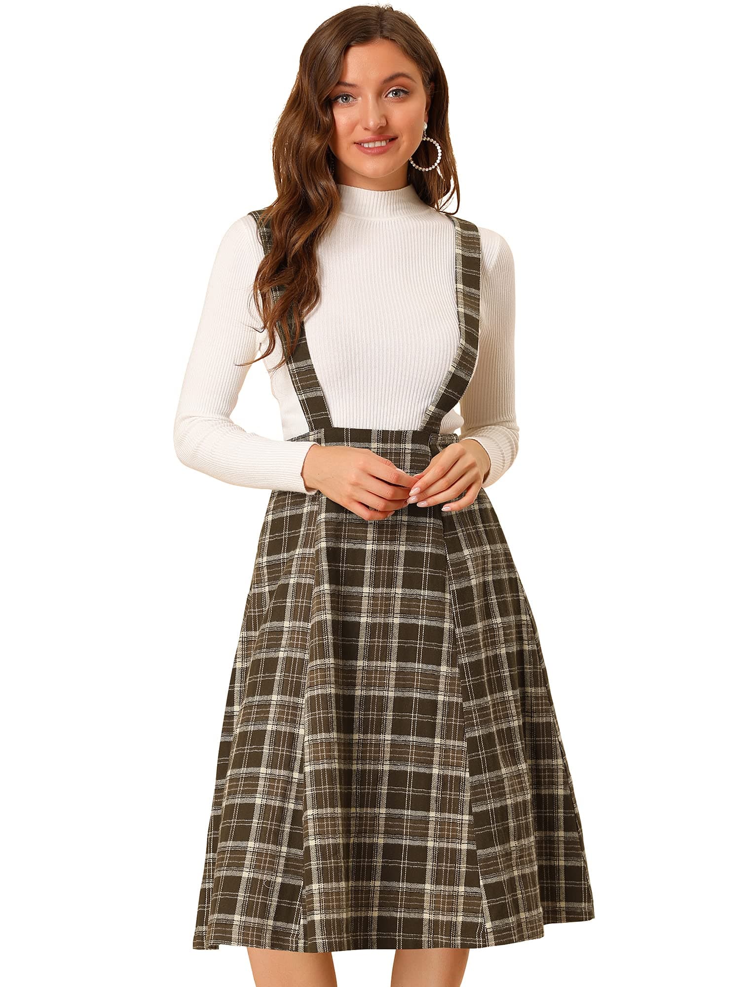 Allegra K Women's Vintage Tartan Suspender Midi Dress High Waist A-Line