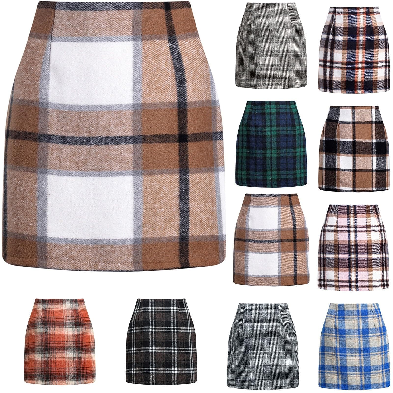 QUFECH High-Waisted Wool A-Line Plaid Skirts for Women Fall Winter