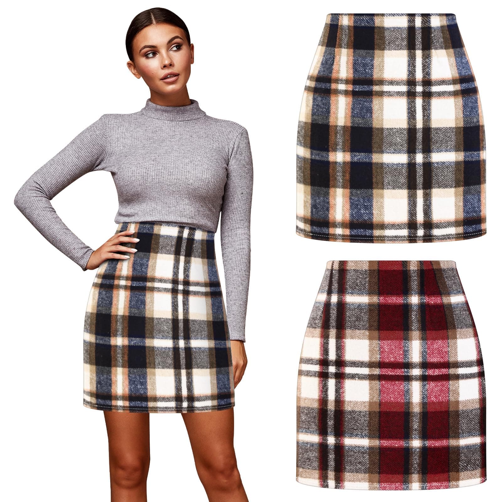 Coume 2 Pack Women's Wool Plaid Mini Skirts 2025 Trendy High-Waisted Pencil Bodycon