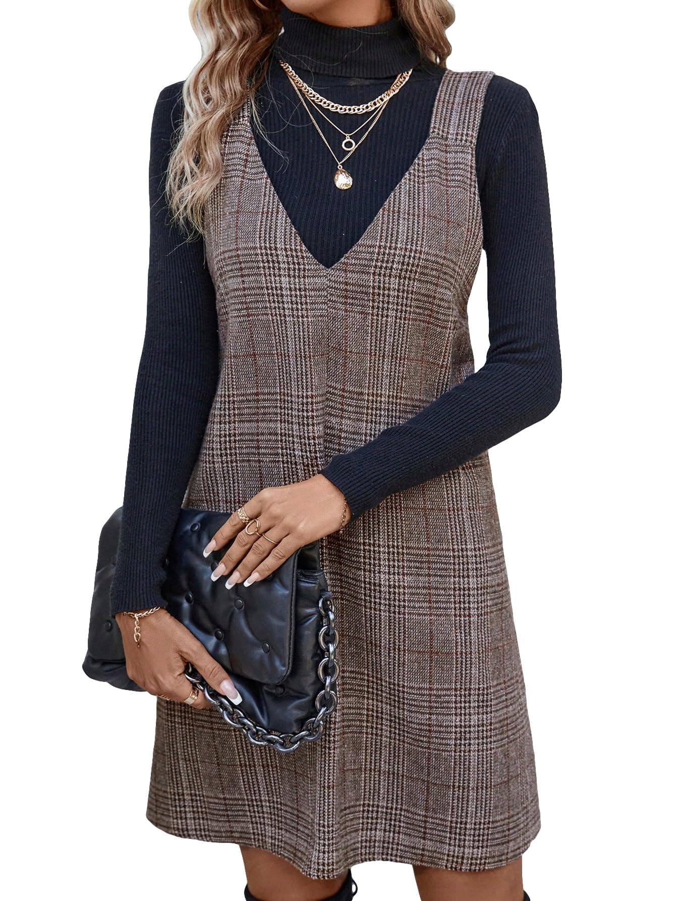 OYOANGLE Women's Plaid Print Sleeveless V-Neck Short Dress Pinafore