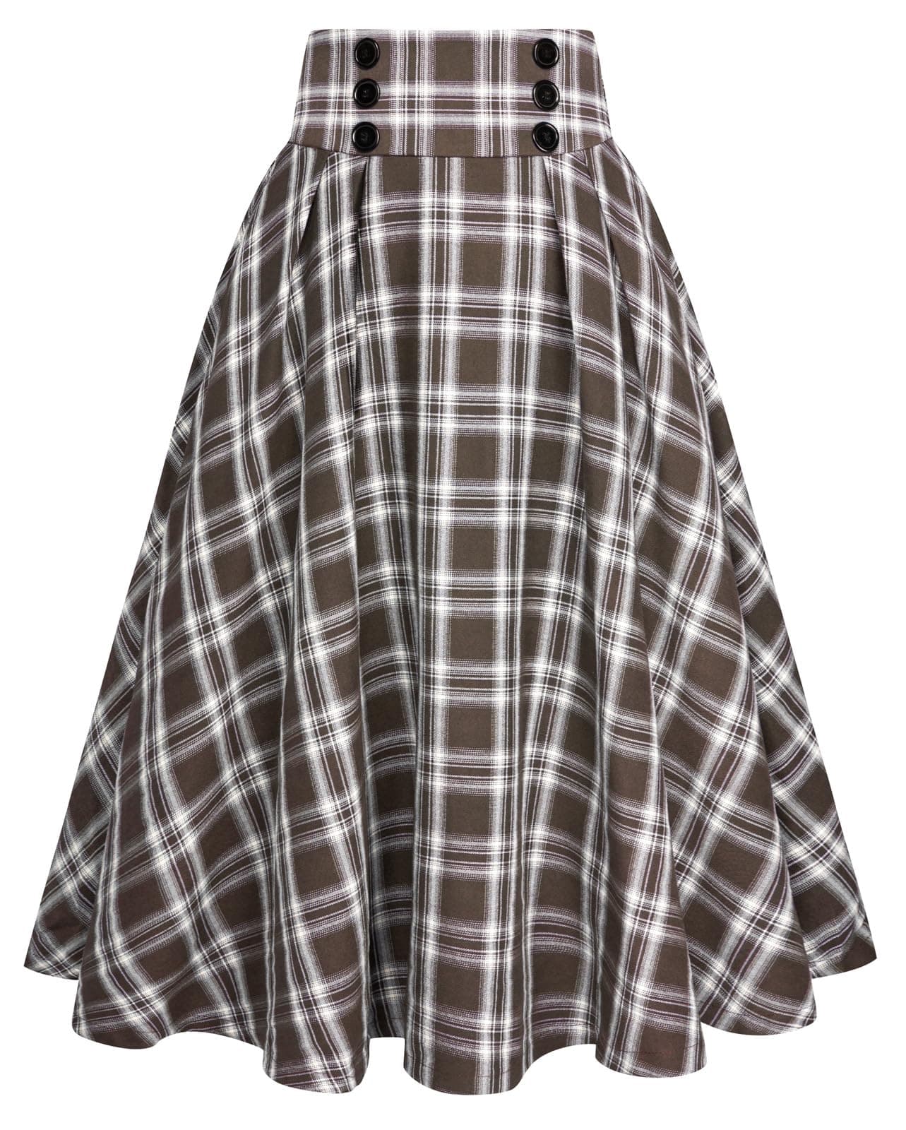 Belle Poque High Waisted Pleated Midi Plaid Skirt with Pockets