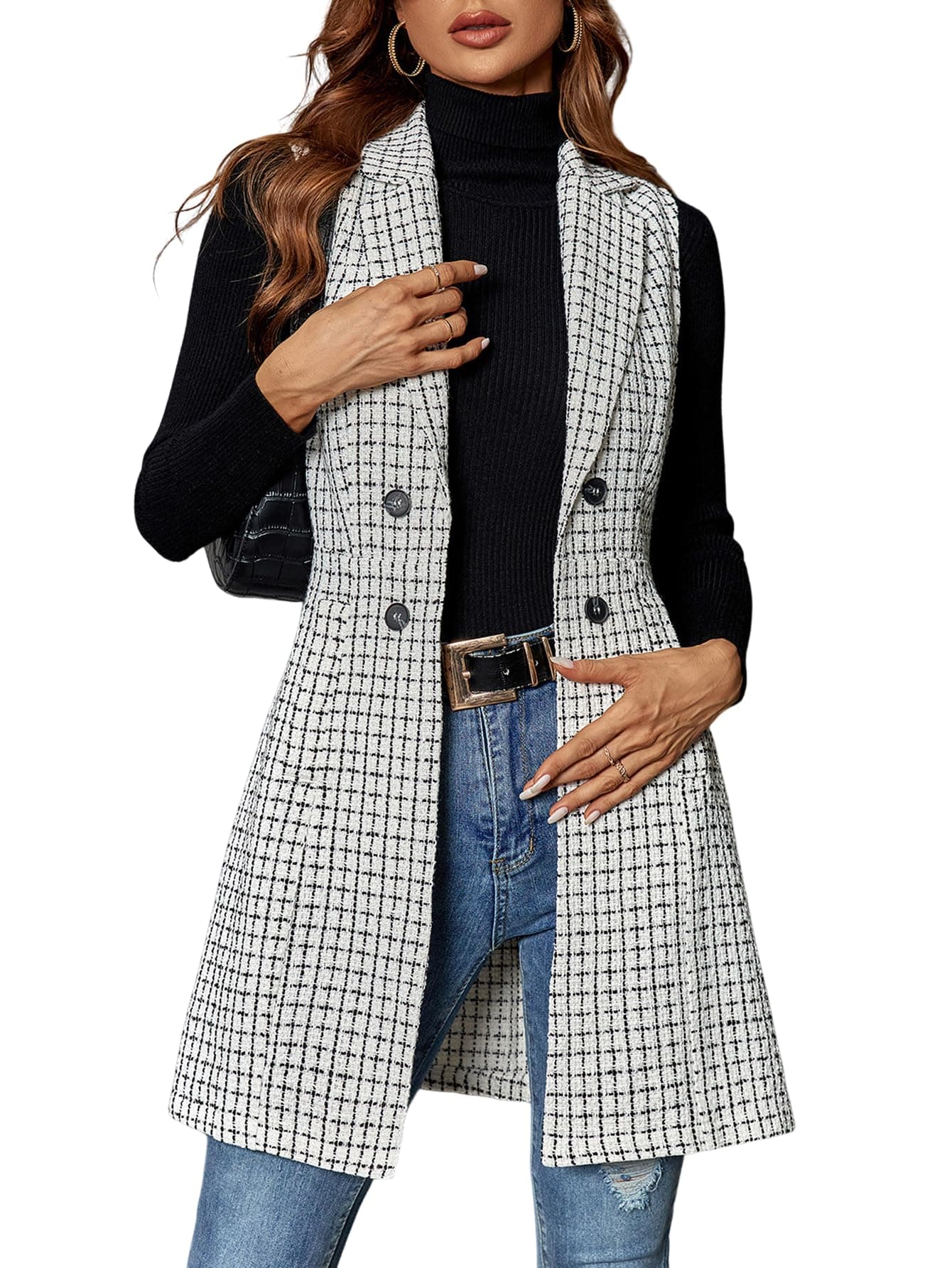 GORGLITTER Women's Plaid Sleeveless Long Vest Cardigan Blazer