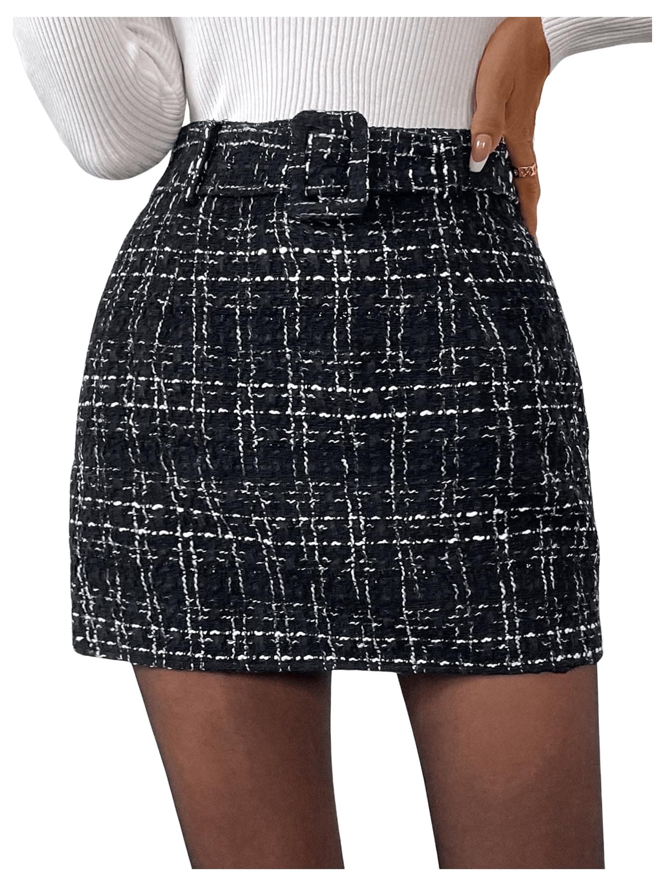 Milumia Women's Plaid High-Waisted Straight Mini Skirt with Tweed Belt