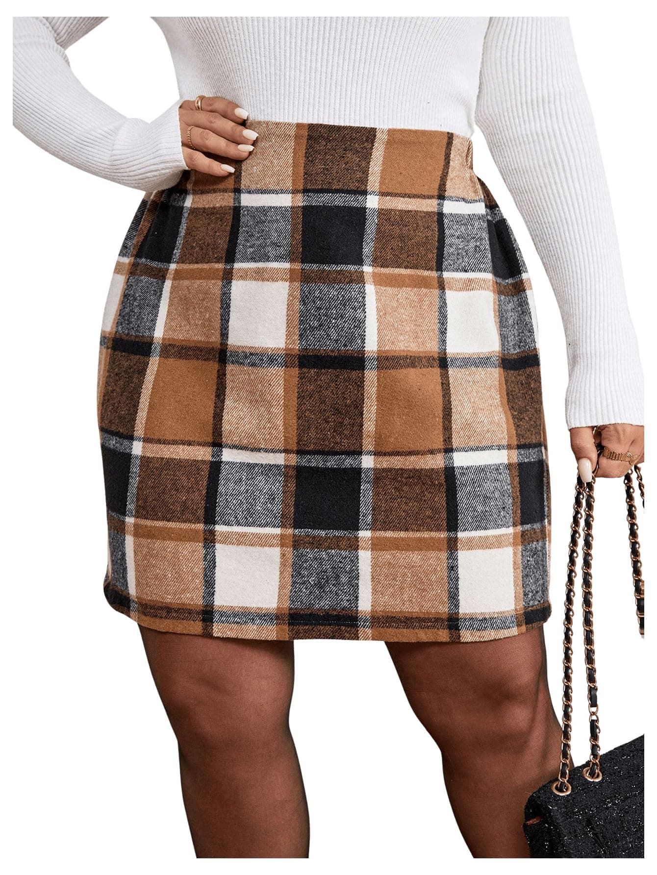 SHENHE Women's Plus Size High Waisted Elegant Straight Plaid Mini Skirt