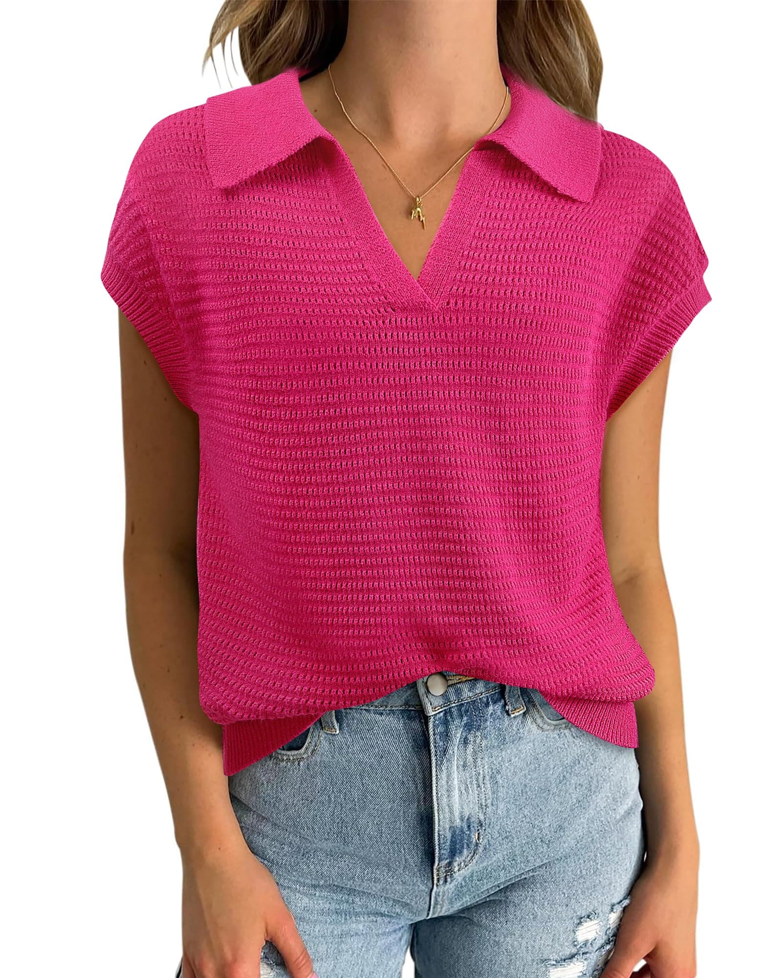 Hollow Out Cap Sleeve V Neck Sleeveless Sweater Vest for Women