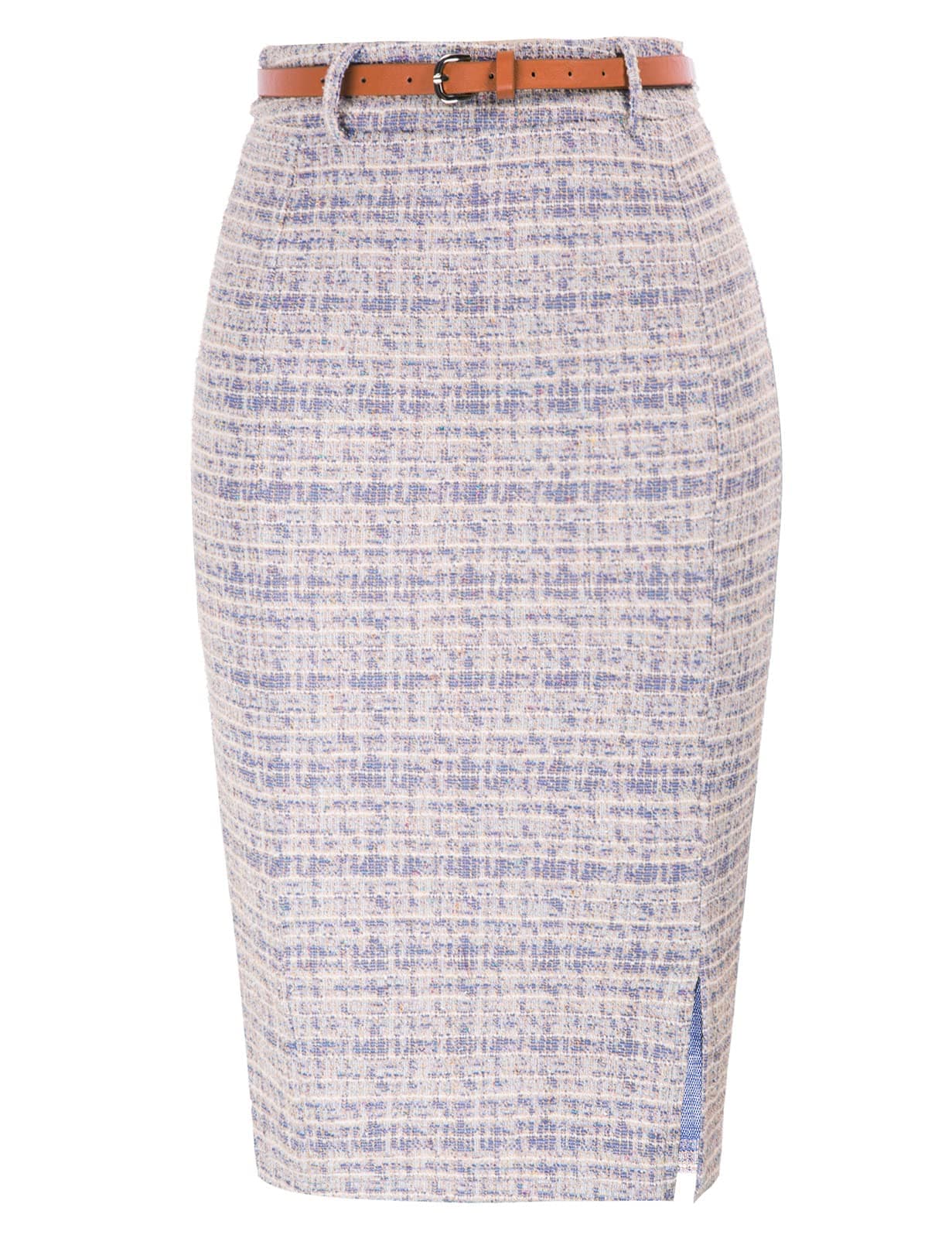 Women's Tweed Pencil Skirt with Slit and Belt