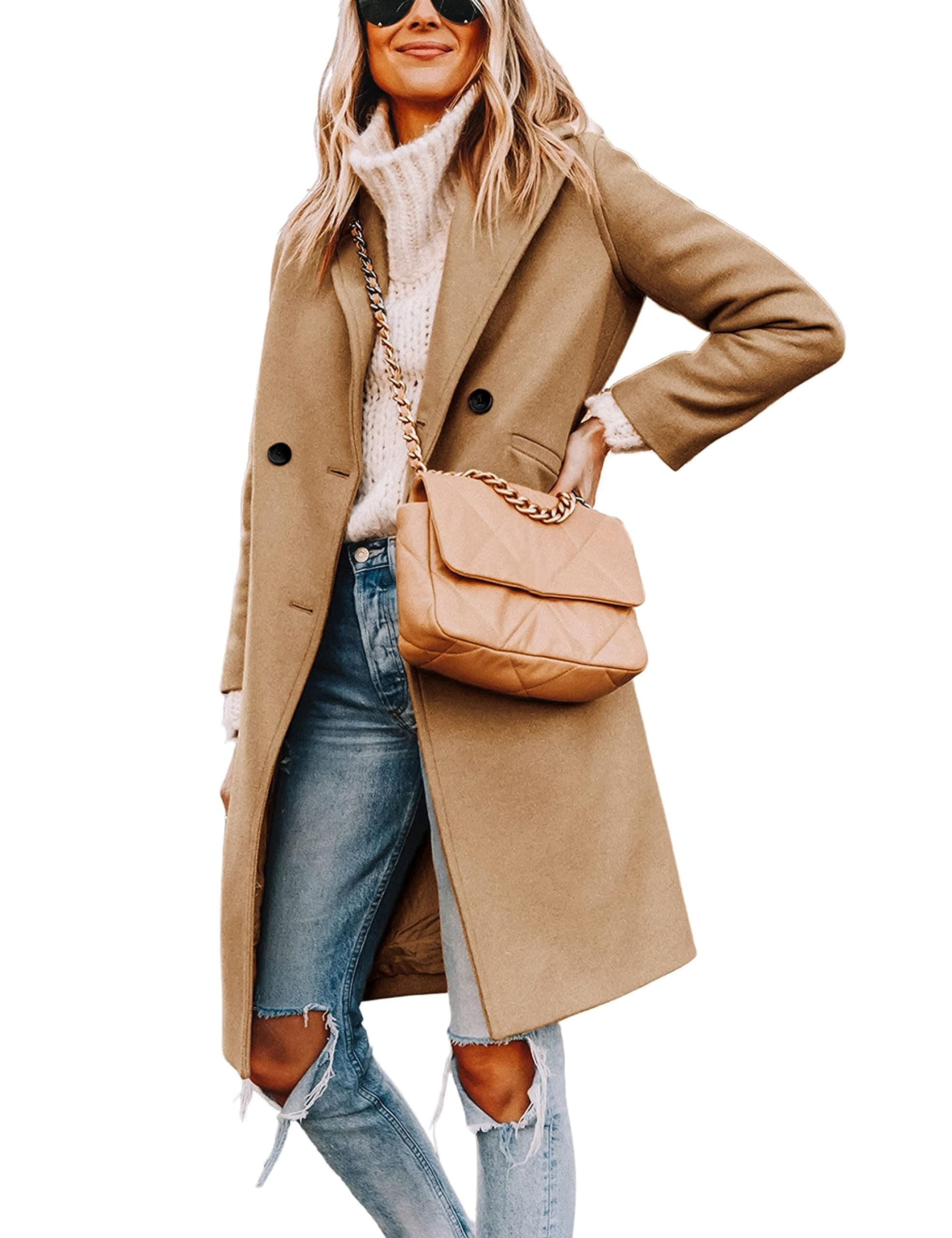 Yidarer Women's Mid-Long Wool Notch Lapel Casual Trench Coat