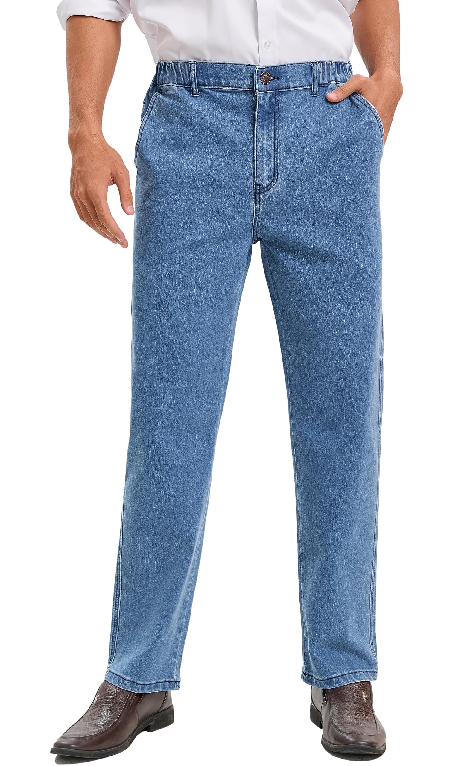 Men's Relaxed Fit Elastic Waist Jeans with Zipper and Button