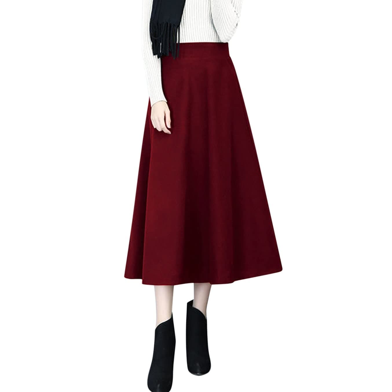 Vintage High Waist Elastic Midi Wool Skirt for Women