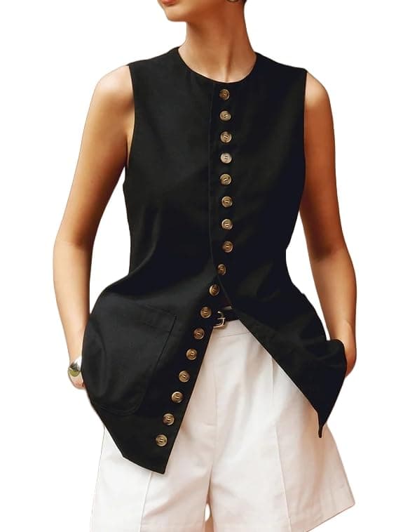 EZAPINE Women's Cotton Linen Summer Vest with Drawstring