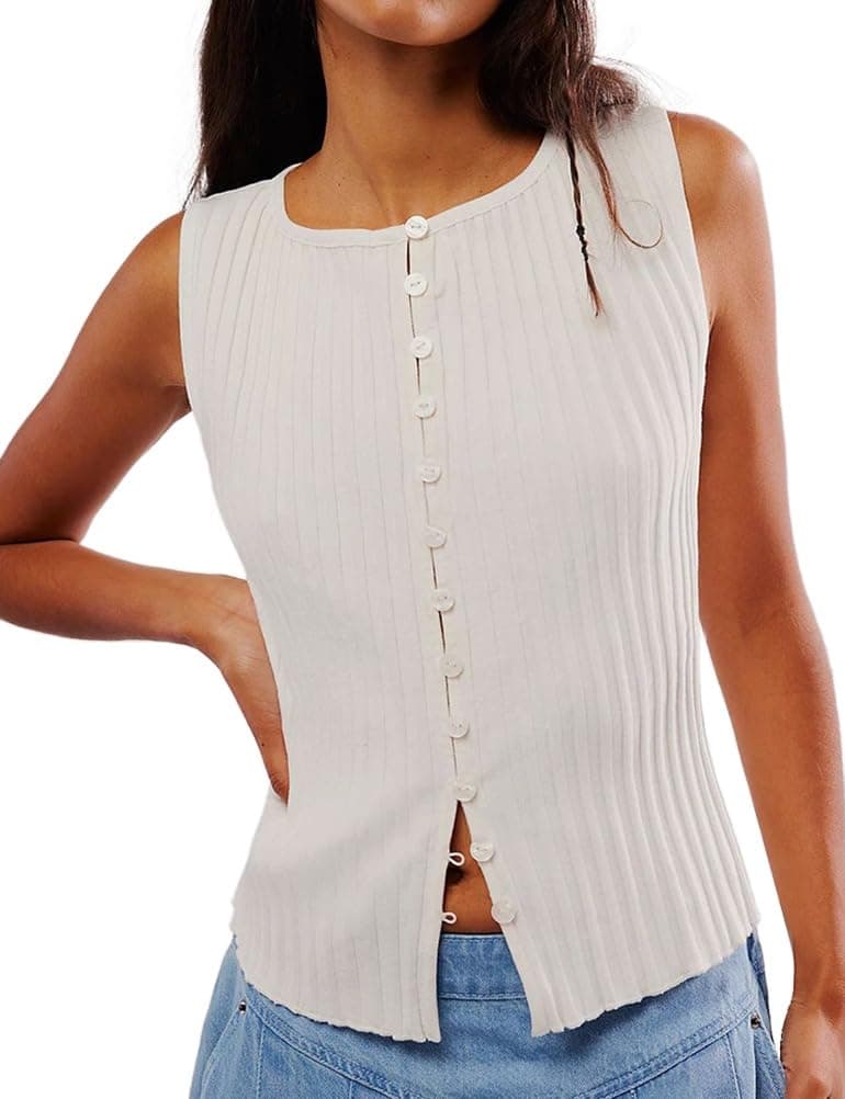 IDEALSANXUN Ribbed Button-Up Tank Tops for Women Y2K Cute Summer Tops