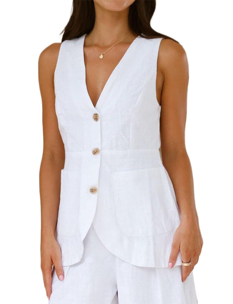Lightweight Linen Vest for Women, Sleeveless Button Up Blazer