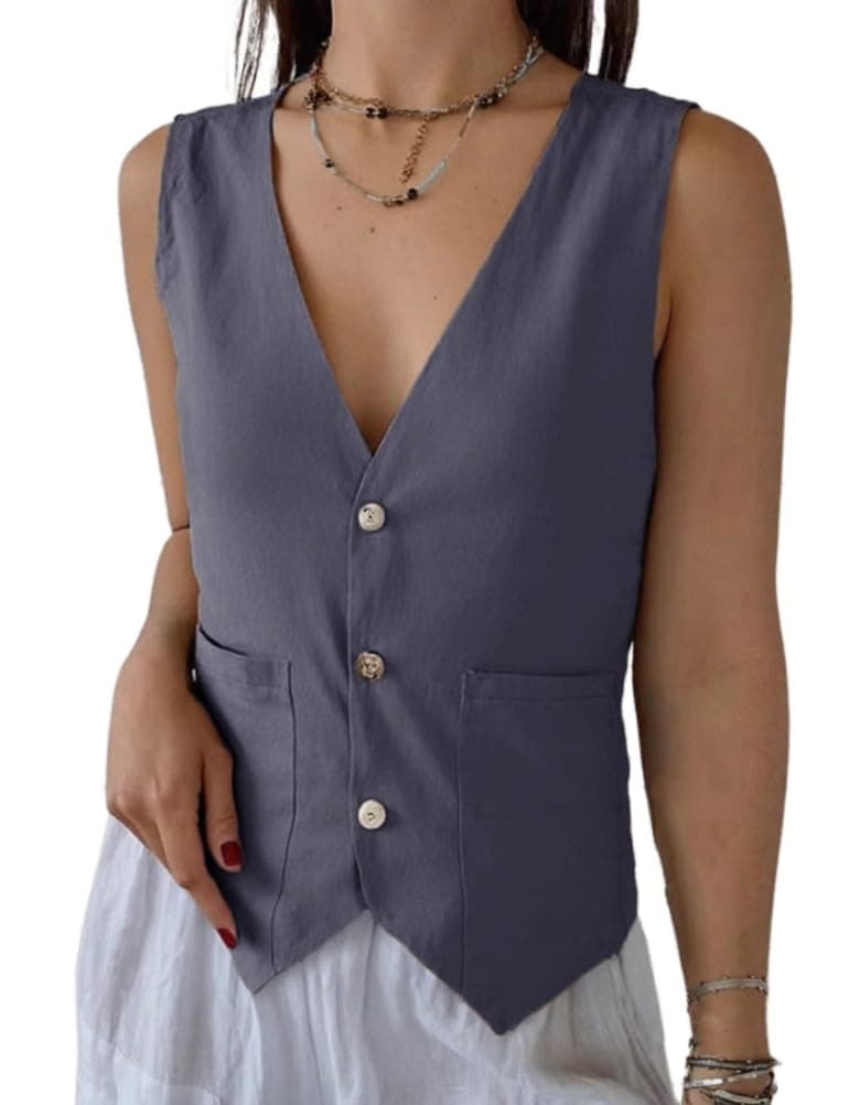 IDEALSANXUN Women's Linen Vest Lightweight Blazer Cardigan Summer Top