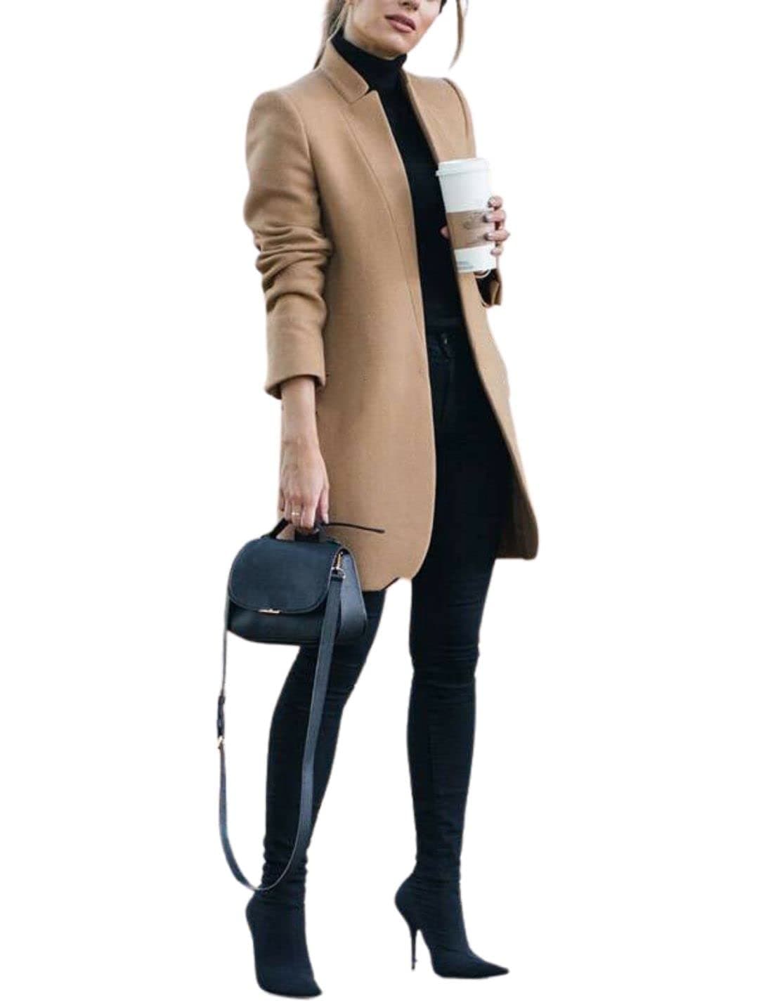Kwoki Women's Stand Collar Open Front Pea Coat Winter Warm Blazer Trench Coat