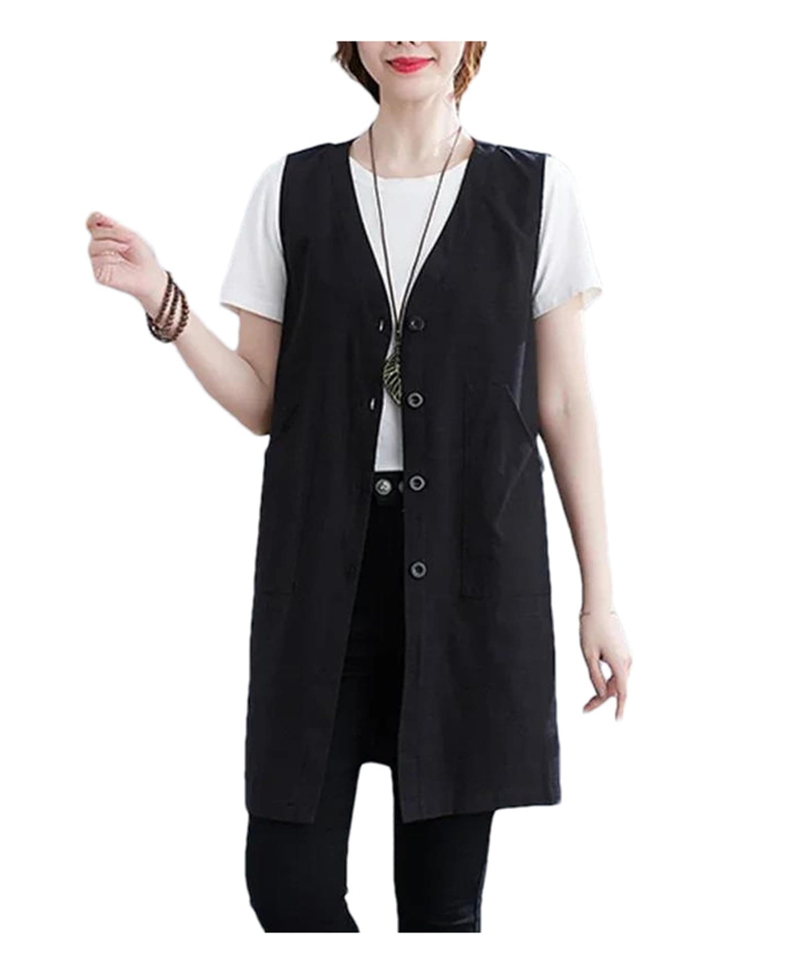 Women's Summer Solid Linen Waistcoat Basic Design Pocketsأست Listings