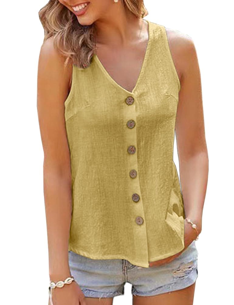 IDEALSANXUN Women's Linen V-Neck Tank Top Casual Shirt Blouse