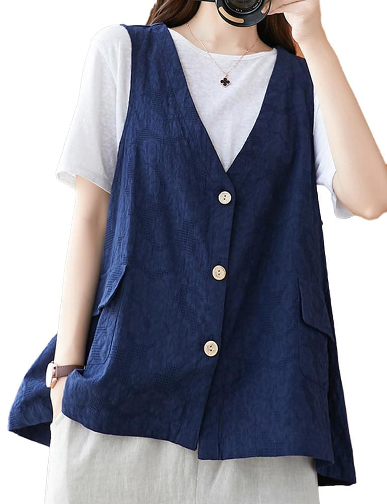 IDEALSANXUN Women's Jacquard Linen Vest Jackets Tops